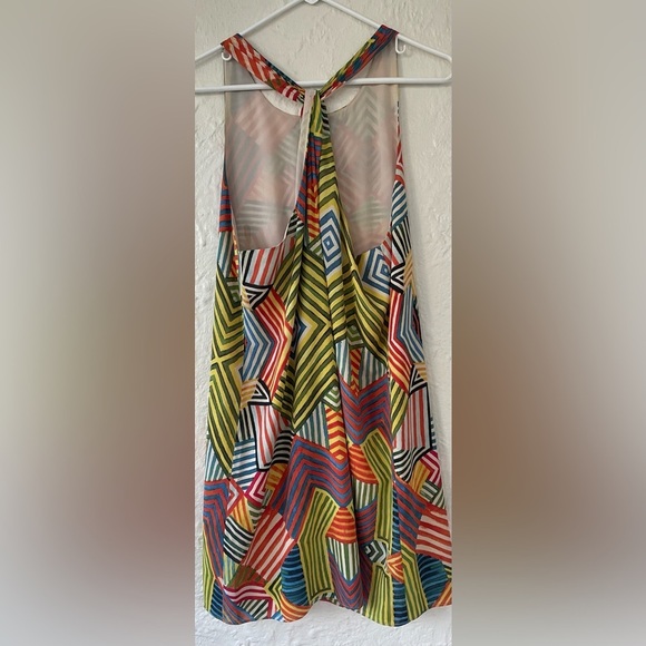 Alice + Olivia Geometric Stripe Dress Mini Halter Multicolor Print Shift; size L - Picture 2 of 7